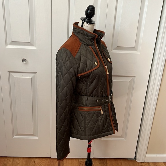 Vince Camuto quilted belted field jacket green tan sz medium - Picture 8 of 14